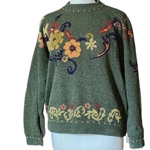 Vintage Esprit floral embroidered sweater pullover color military green …